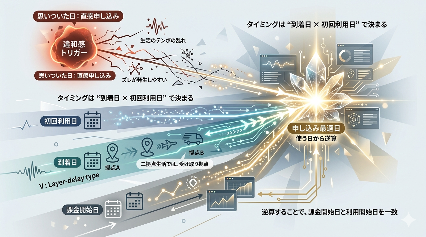 【タイミングOS】申し込み時期を“到着日×初回利用日”から逆算する二拠点最適化