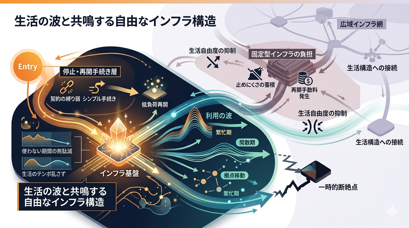【再開自由OS】一度止めても再開できる“非固定型インフラ”が生活を軽くする理由