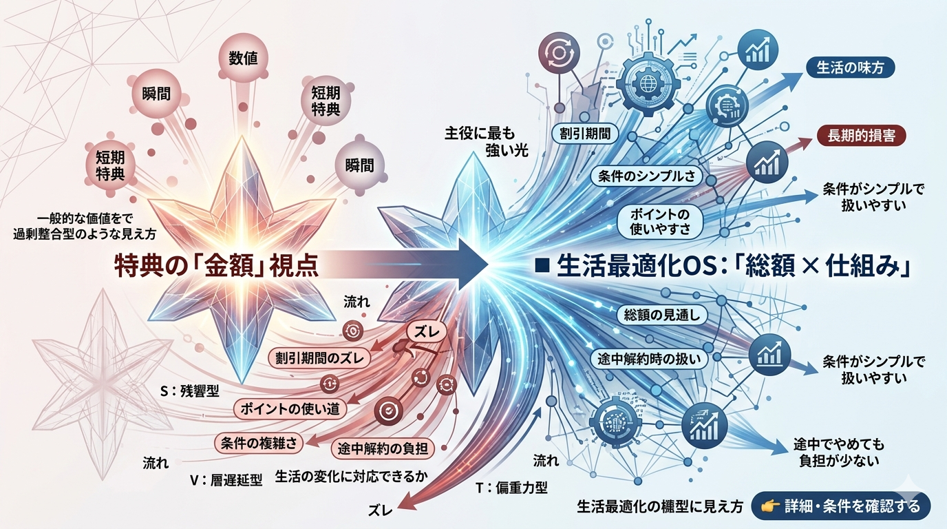 【特典構造OS】割引やポイントを“総額と仕組み”で読み解く生活最適化の視点