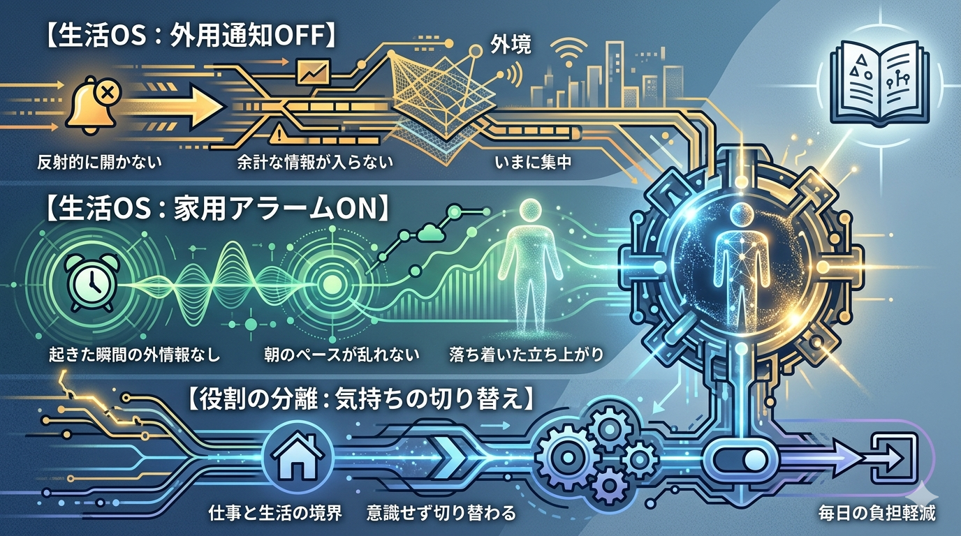 ■2233｜【生活OS】外用スマホの通知をOFFにし、家用スマホの朝アラームをONにしたら、毎日の負担が少し減った話