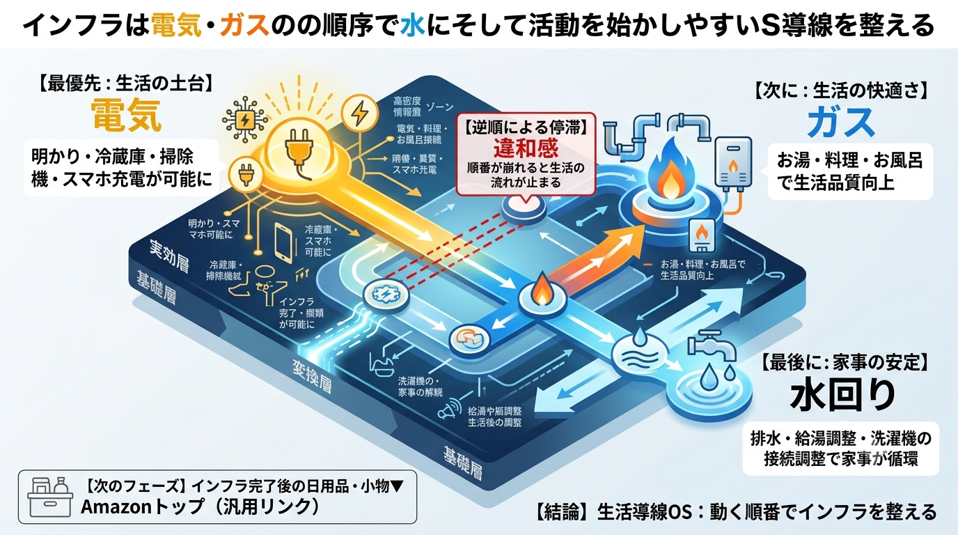 【生活導線OS】インフラは“電気→ガス→水回り”の順で整えると生活が立ち上がりやすい理由