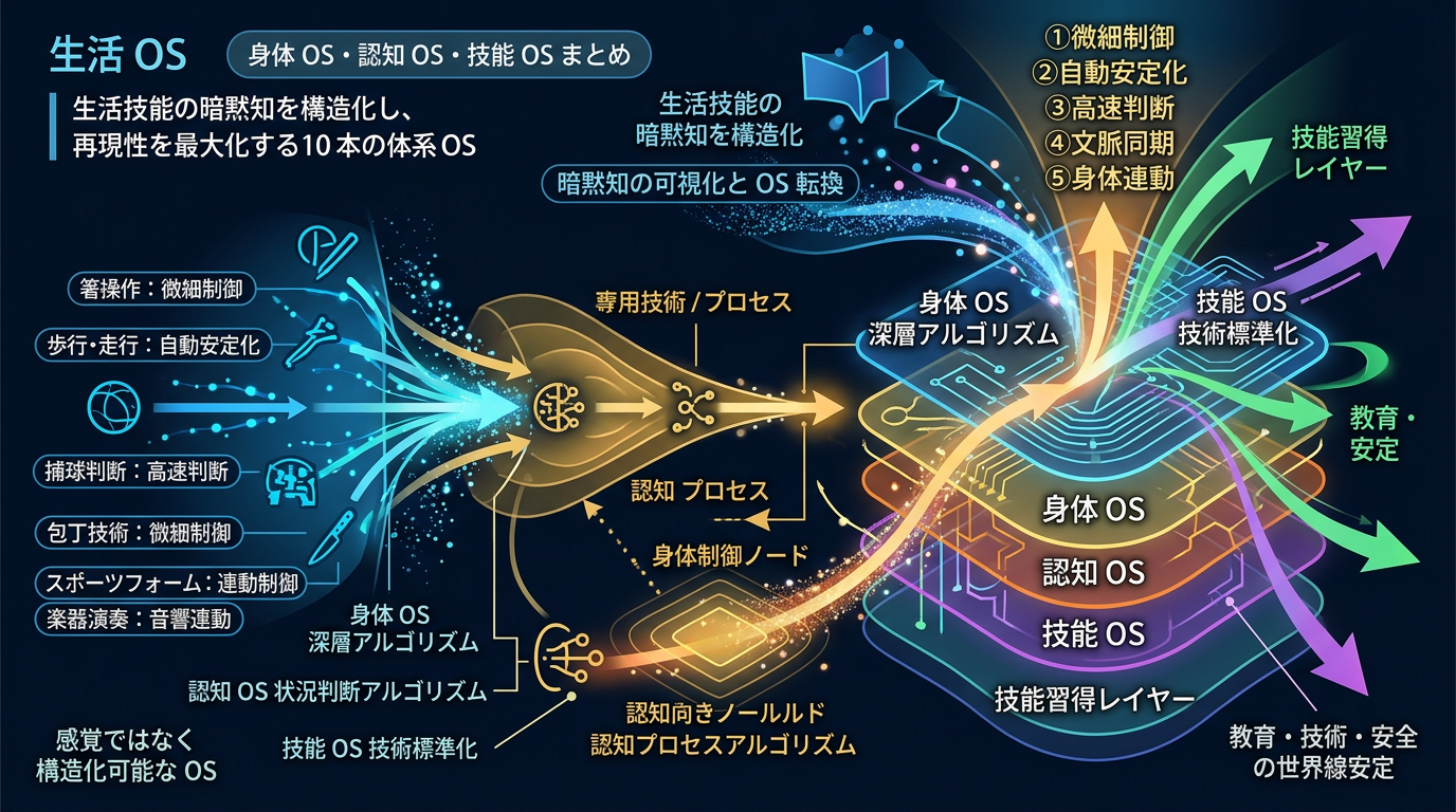 【生活OS｜身体OS・認知OS・技能OSまとめ】1144〜1153：箸操作・歩行走行・捕球判断・バランス維持・顔認識・空気認知・会話タイミング・包丁技術・スポーツフォーム・楽器演奏 ──“生活技能の暗黙知を構造化し、再現性を最大化する10本の体系OS”──