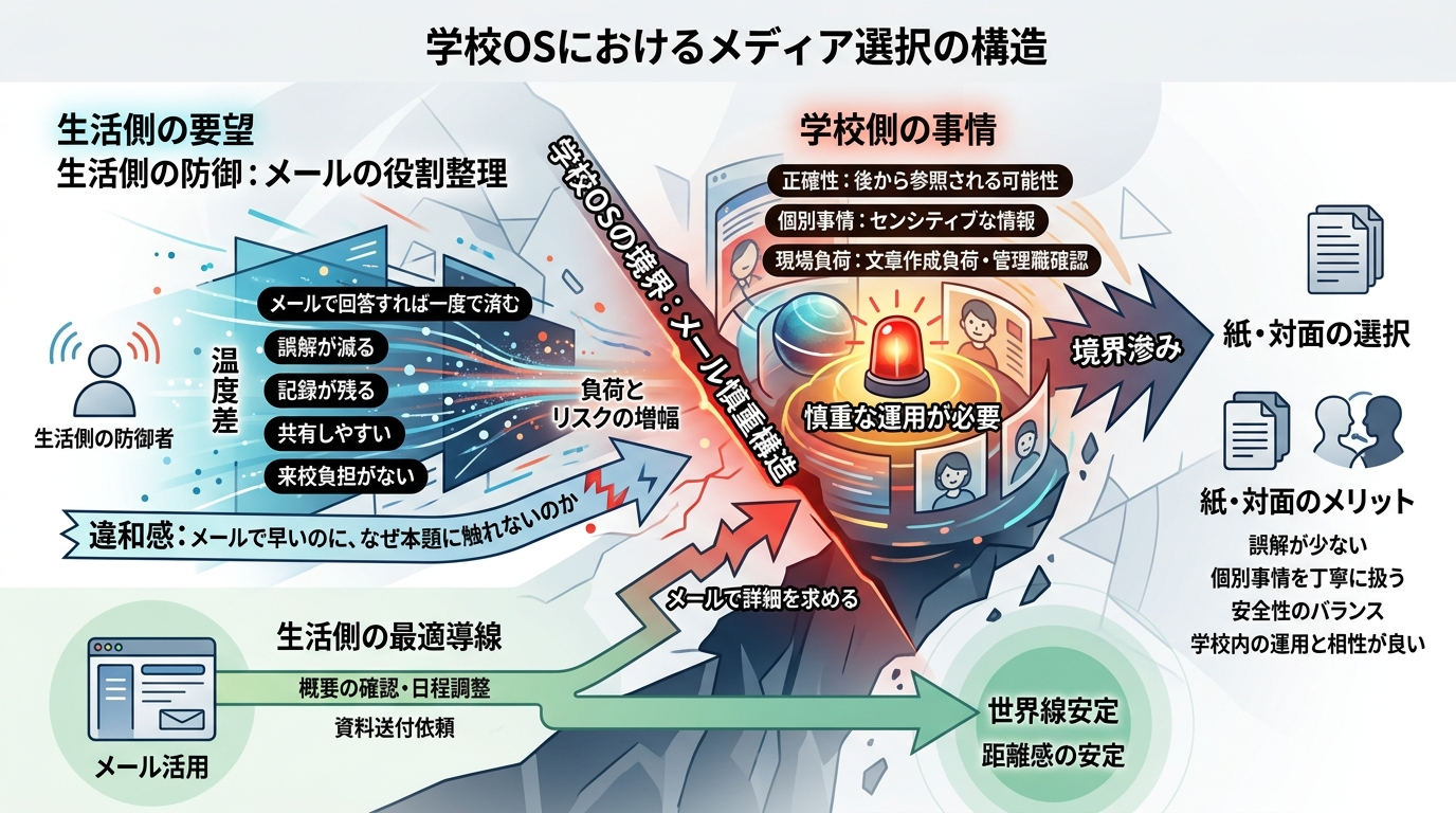 1337｜【学校OS】メールより“紙・対面が選ばれる場面がある”構造 — ──正確性・個別事情・運用負荷が重なると“メールで本題に触れにくい”理由──