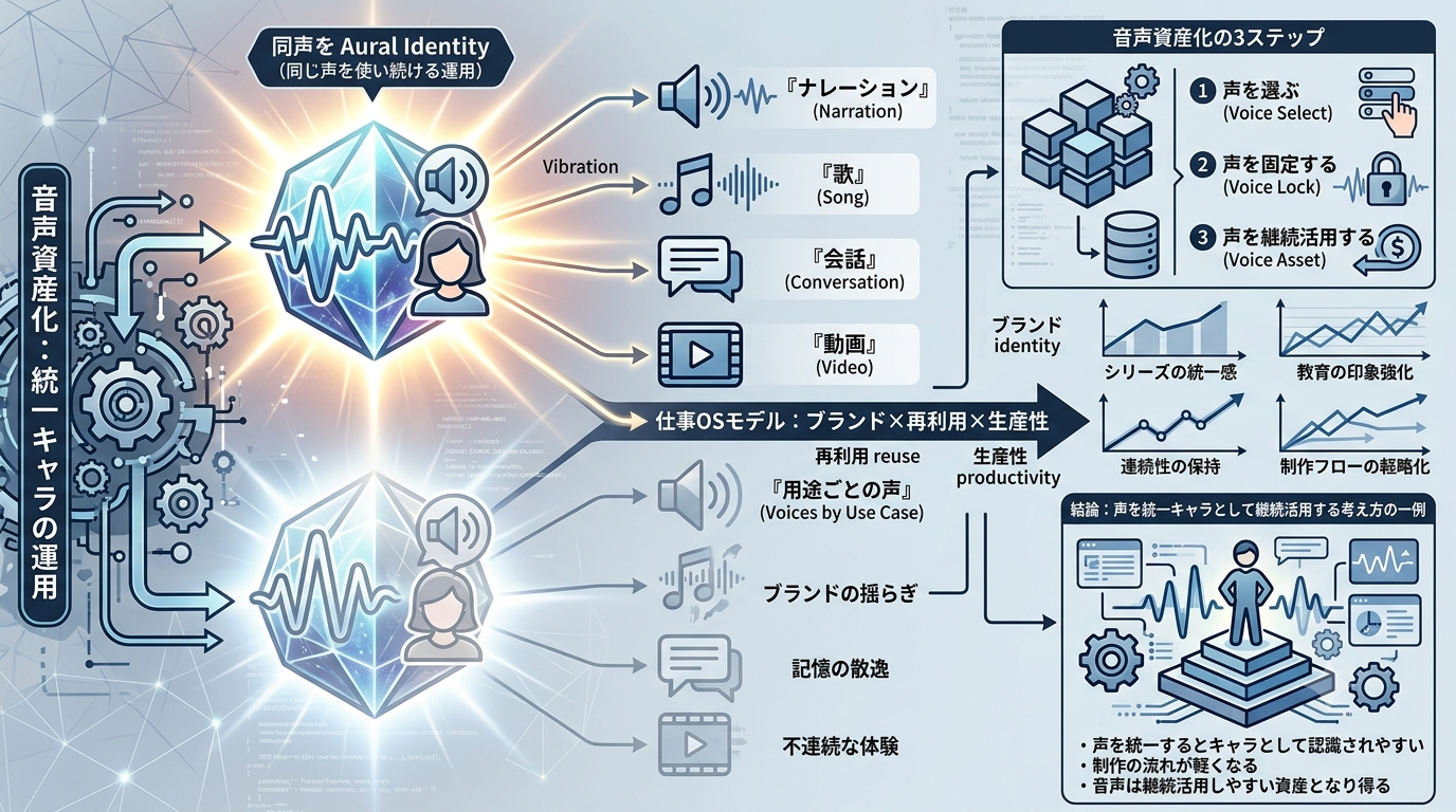 1431｜【統一音声キャラ OS】ナレーション・歌・会話を同じ声に揃える方向はすでに現実化しており、今後は“声の統一運用”が資産として扱われる場面が増えている