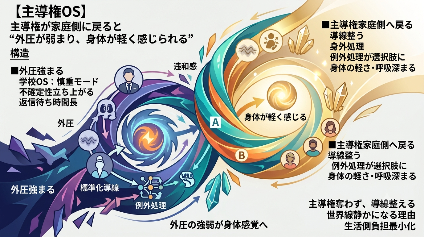 1579｜【主導権OS】主導権が家庭側に戻ると“外圧が弱まり、身体が軽く感じられる”構造 — ──学校OSの慎重モード × 不確定性 × 例外処理の外圧が弱まると、世界線が静かになる理由──