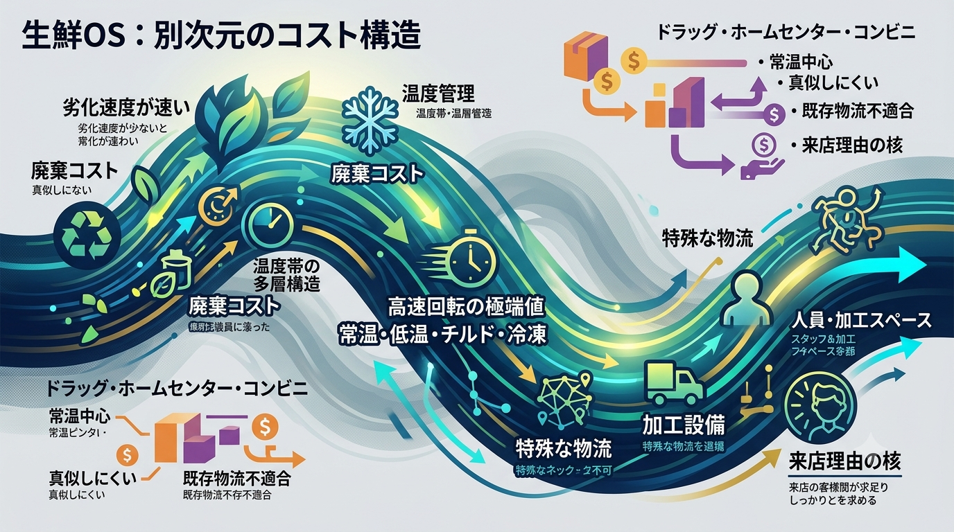 2191｜【生鮮OS】生鮮だけ“別次元のコスト構造”でドラッグが真似しにくい場合がある──食品構造 × 小売構造：サービスが突然“分裂”して見える理由──