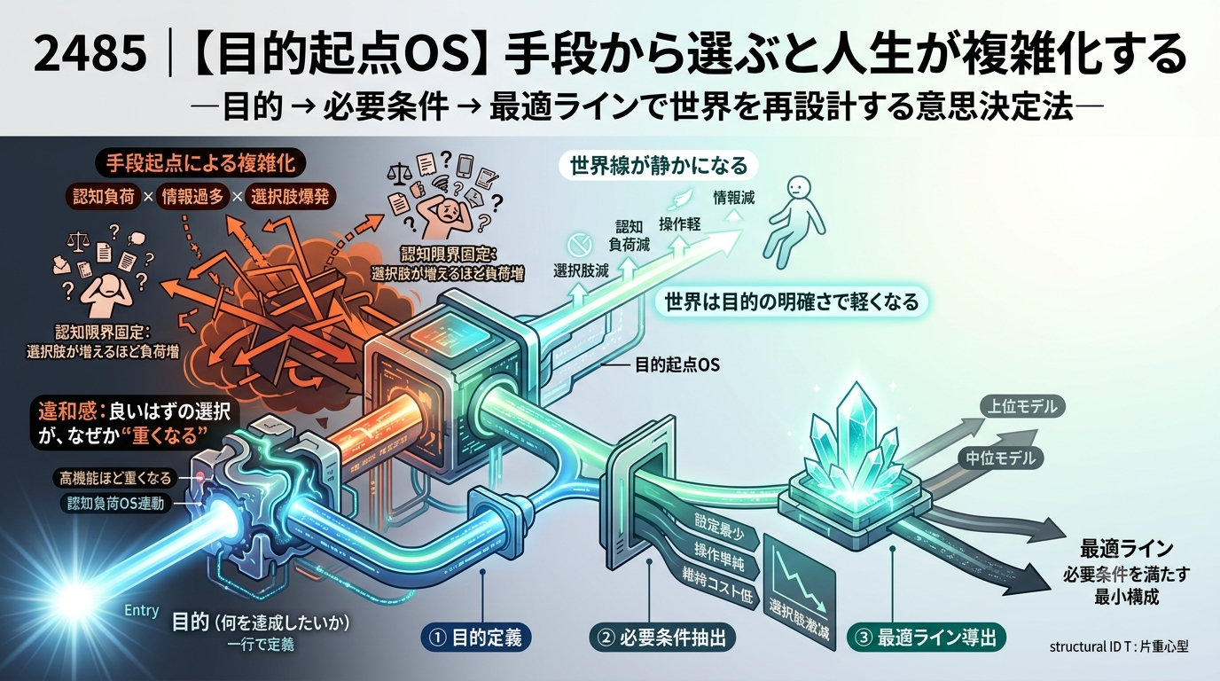 2485｜【目的起点OS】手段から選ぶと人生が複雑化する — ──目的 → 必要条件 → 最適ラインで世界を再設計する意思決定法──
