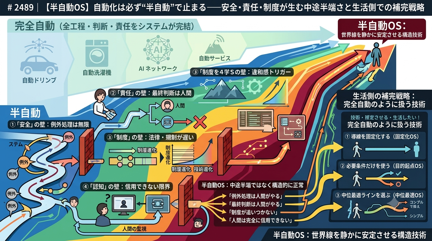 2489｜【半自動OS】自動化は必ず“半自動”で止まる──安全・責任・制度が生む中途半端さと生活側での補完戦略