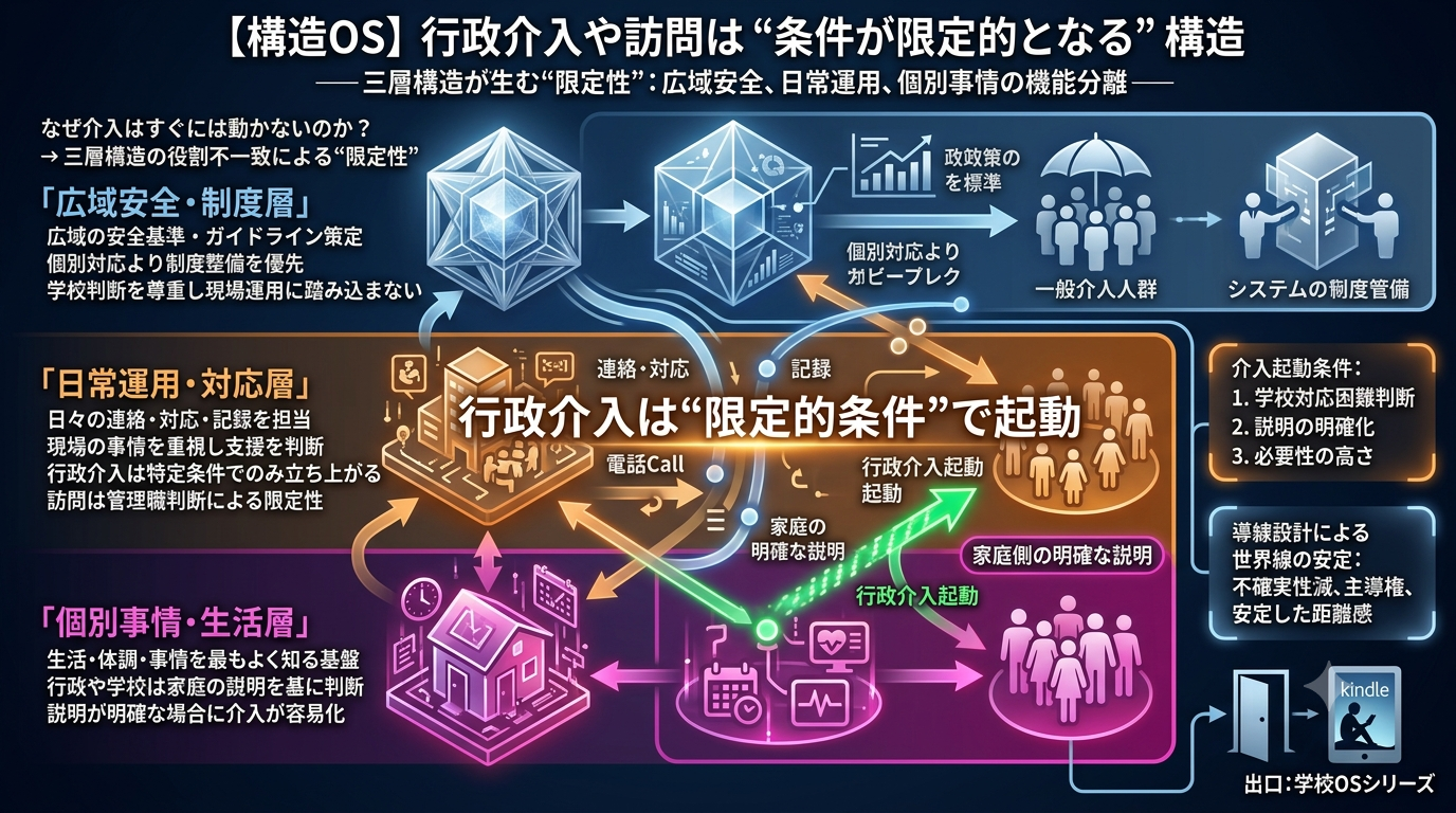 2583｜【学校OS】行政介入や訪問は“条件が限定的となる”構造OS — ──行政は広域安全、学校は日常運用、家庭は個別事情という三層構造が生む“限定性”──