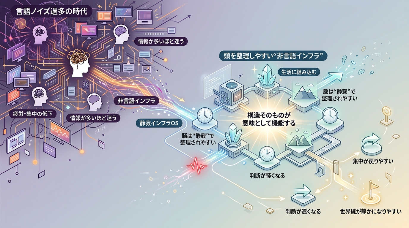 2650｜【静寂インフラOS】言語ノイズ過多の時代に、頭を整理しやすい“非言語インフラ”を生活に組み込む — ──本記事の構造モデルでは「静けさの総量」が世界線に影響しやすい──