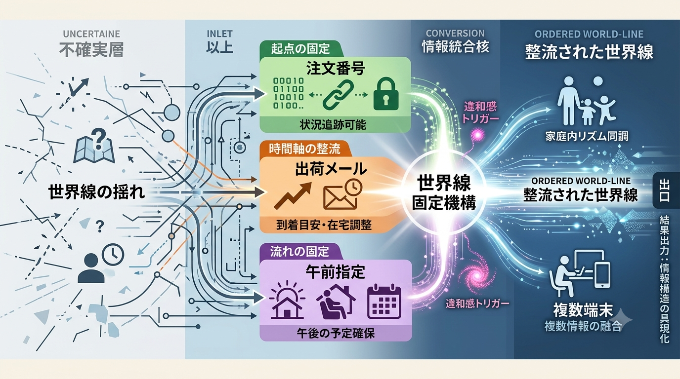 2661｜【配送OS】注文番号・出荷メール・午前指定は“世界線を固定しやすい要素になる”──配送体験は物理的な移動だけでなく、情報の揃い方でも変化する構造──