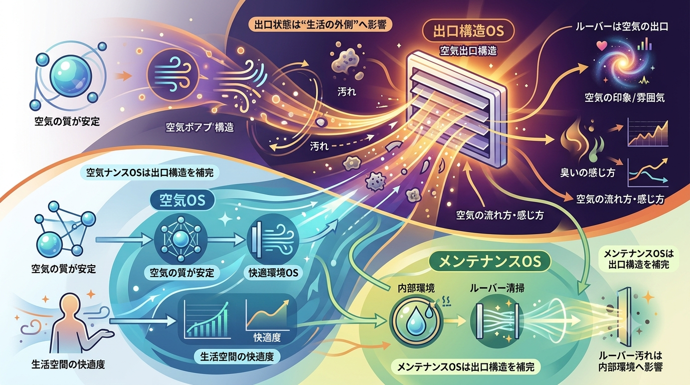 2718｜【生活OS】ルーバーの薄い汚れが空気の印象に影響する場合があり、生活の雰囲気を静かに変える“出口構造OS”の理解