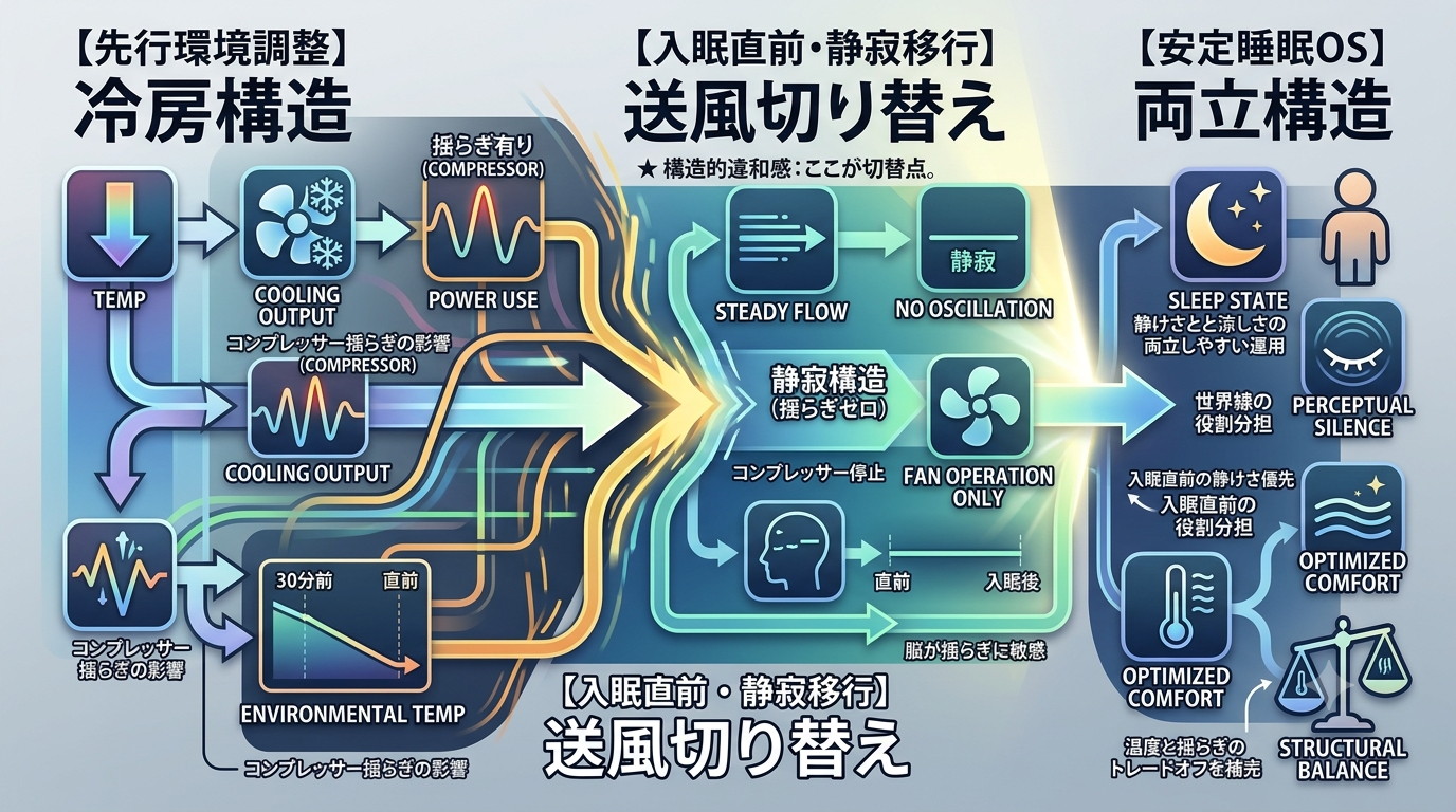 2726｜【睡眠OS】寝る前に冷房→直前に送風へ切り替えると“静けさと涼しさを両立しやすい運用”になる構造