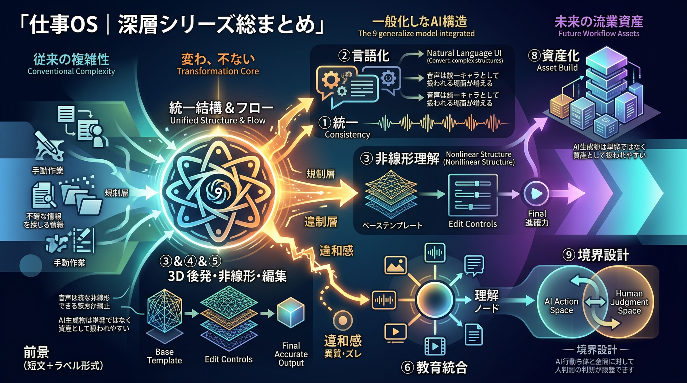 【仕事OS｜深層シリーズ総まとめ】1431〜1439：音声・UI・3D・教育・AI資産化・境界設計── “生成AI時代の仕事構造”を9本で読み解く総合モデル
