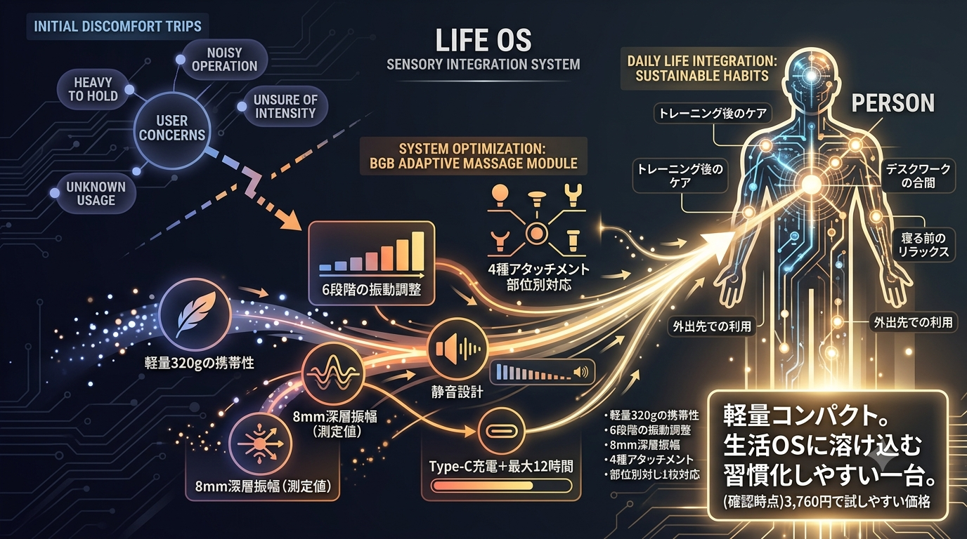 【生活OS】“軽さと扱いやすさ”で日常に馴染む一本──BGB ハンディマッサージャー（筋膜リリースガン／320g／6段階振動）──