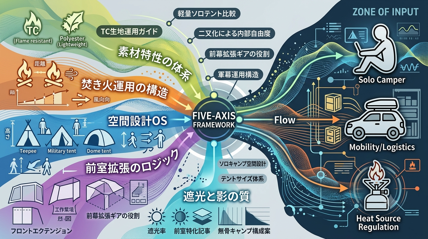 11S～20S【BUNDOKソロキャンプOS：10本まとめ記事】素材・空間・前方構造・影・焚き火の五軸で読むソロキャンプ体系