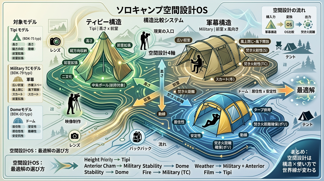 【17S｜ソロキャンプ空間設計OS】ティピー・軍幕・ドームの空間構造比較