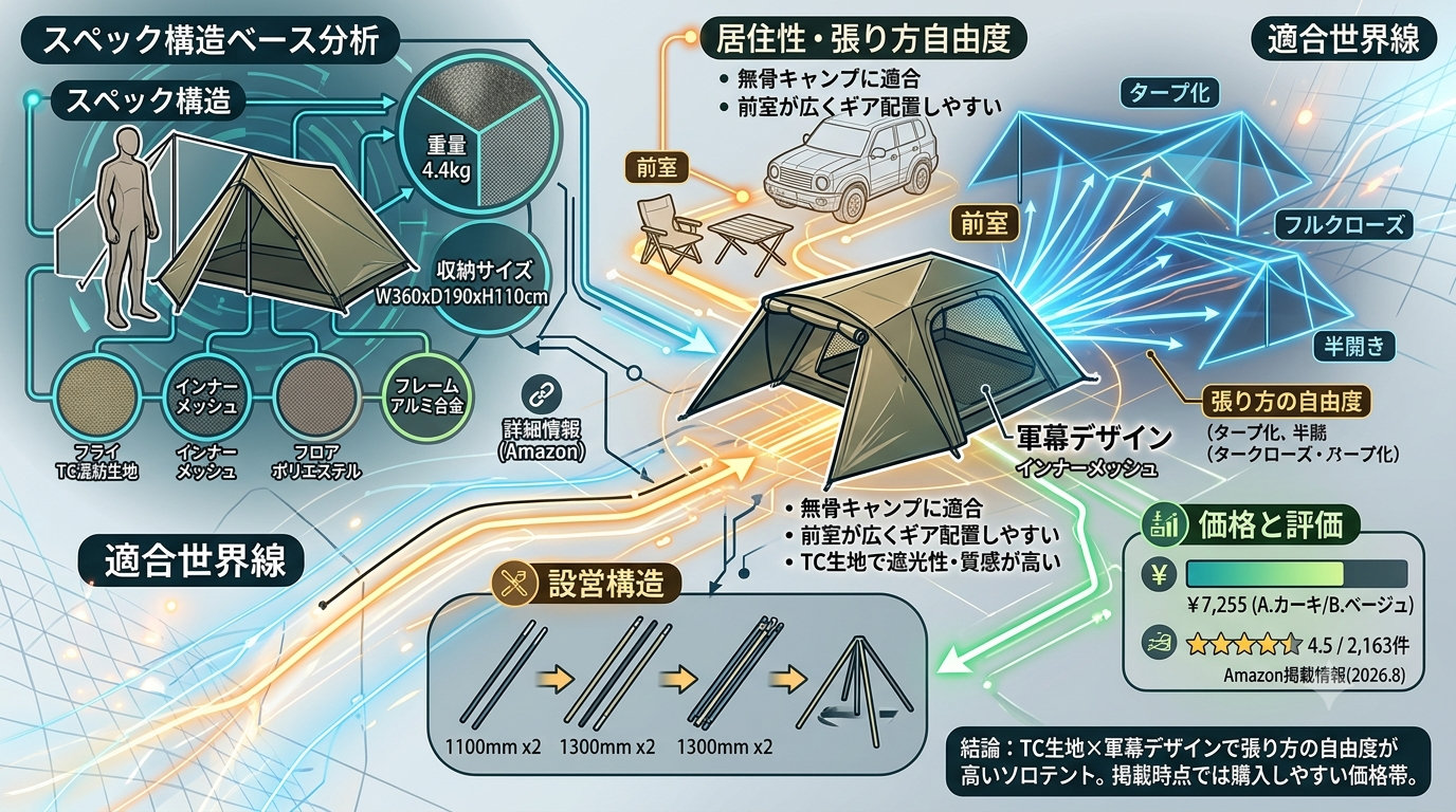 【2S｜BUNDOK ソロベース BDK-79TC】混紡綿TC生地×軍幕デザイン。前室の拡張性と張り方の自由度が高い“ソロキャンプの定番パップテント”