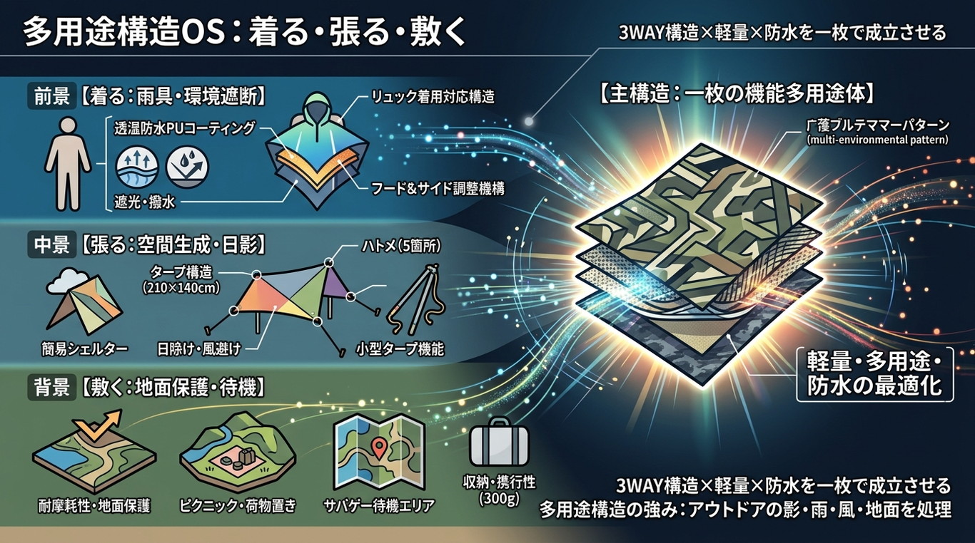 381S｜Tencen 2023年モデル レインポンチョ（迷彩柄）｜“3WAY構造×軽量×防水”を一枚で成立させるポンチョ型タープOS
