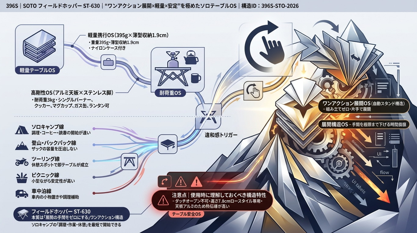 396S｜SOTO フィールドホッパー ST-630｜“ワンアクション展開×軽量×安定”を極めたソロテーブルOS