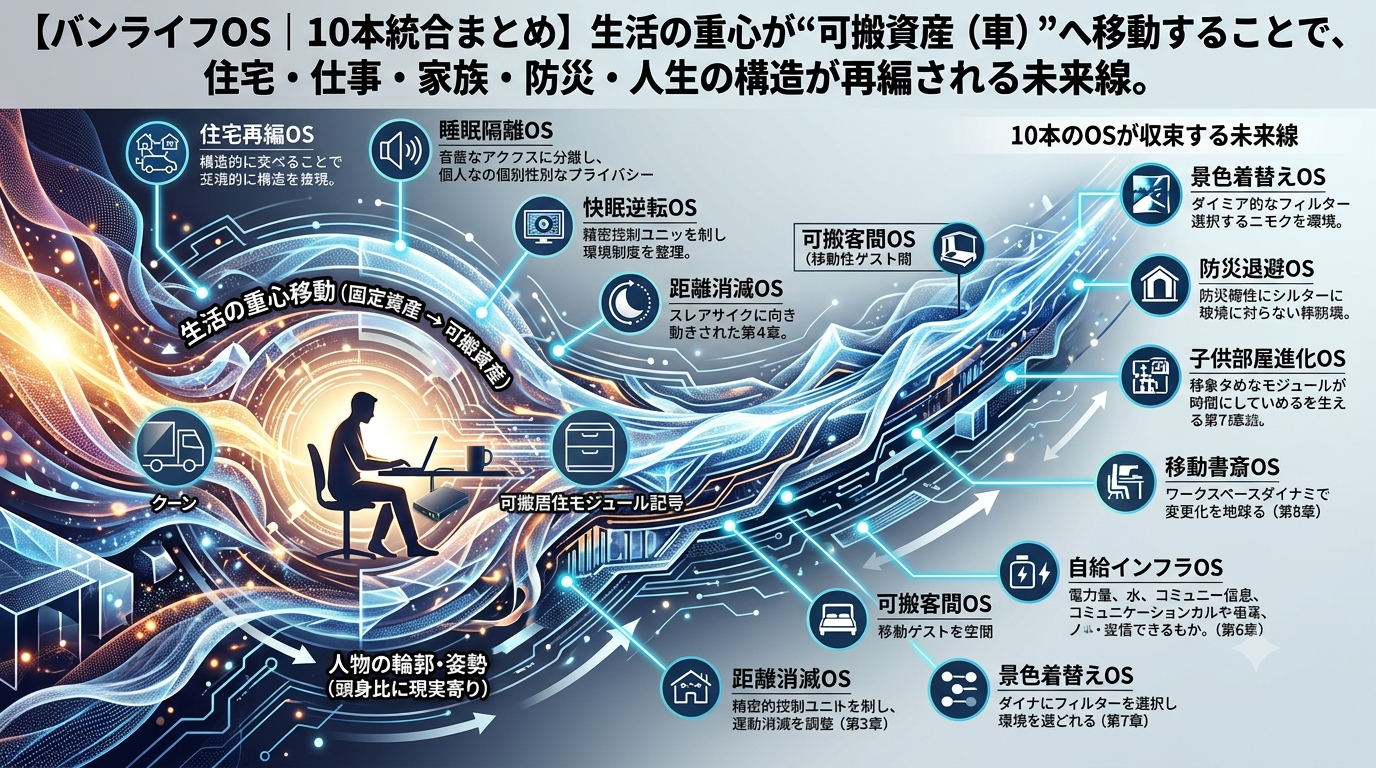 4199〜4208【バンライフOS｜10本統合まとめ】家・寝室・仕事・家族・距離・景色──生活の重心が“車”へ移動することで、住宅・仕事・家族・防災・人生の構造が静かに再編される未来線