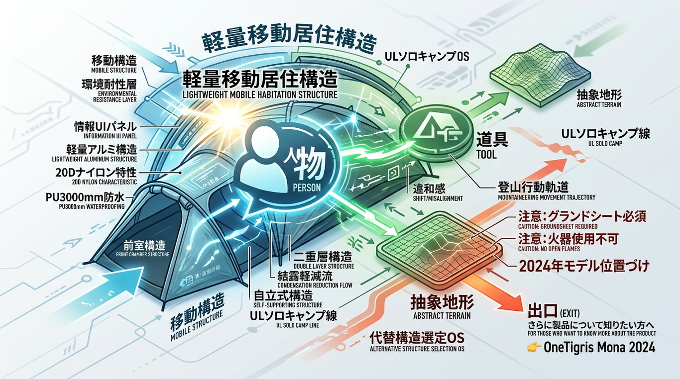 421S｜OneTigris Mona（2024）｜“1.34〜1.63kg×20Dナイロン×前室付き”を備えた超軽量ソロテントOS