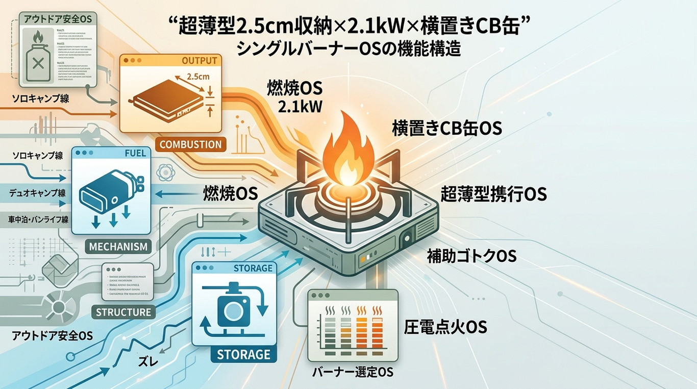 446S｜SOTO Gストーブ ST-320 “超薄型2.5cm収納×2.1kW×横置きCB缶”を備えた日本製シングルバーナーOS