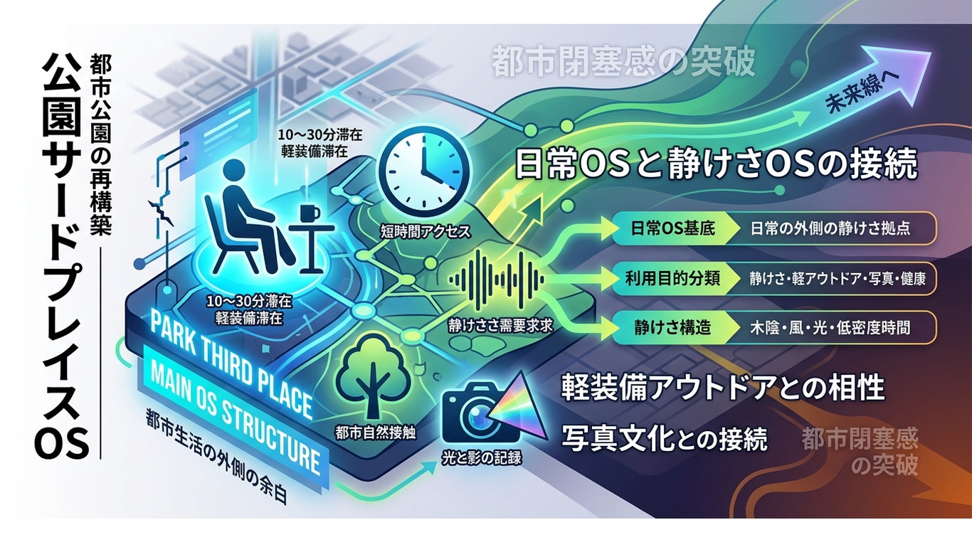 4523｜【公園サードプレイスOS】都市公園が“軽装備×静けさ×短時間滞在”の新しい生活線として再構築される構造