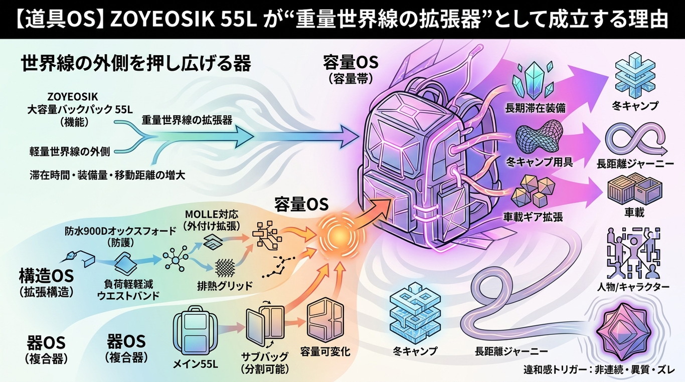 458S｜【道具OS】ZOYEOSIK 55L が“重量世界線の拡張器”として成立する理由
