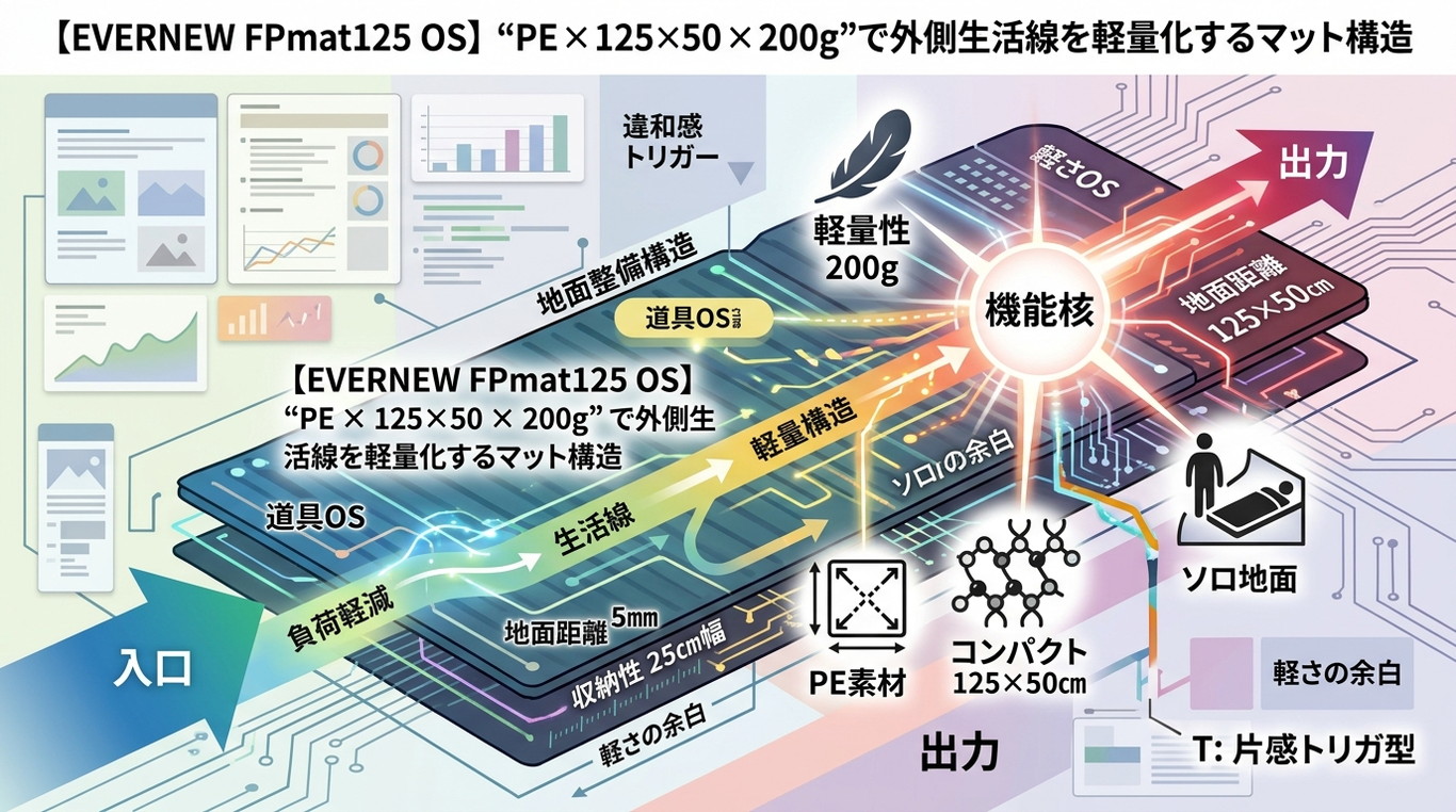 488S｜【EVERNEW FPmat125 OS】“PE × 125×50 × 200g”で外側生活線を軽量化するマット構造