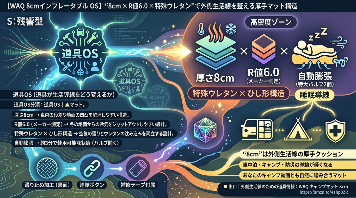 491S｜【WAQ 8cmインフレータブル OS】“8cm × R値6.0 × 特殊ウレタン”で外側生活線を整える厚手マット構造