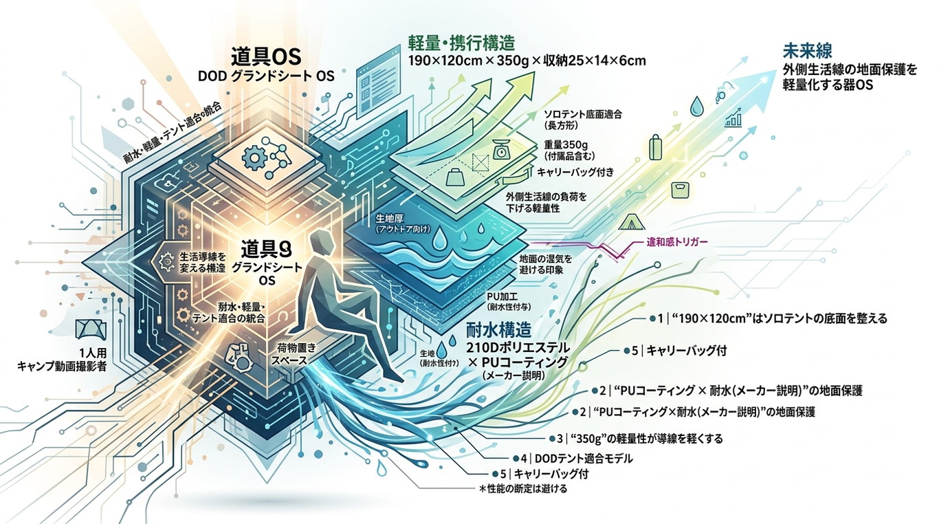 496S｜【DOD グランドシート1人用 OS】“210Dポリエステル × PUコーティング × 190×120cm”で外側生活線を整える地面保護構造