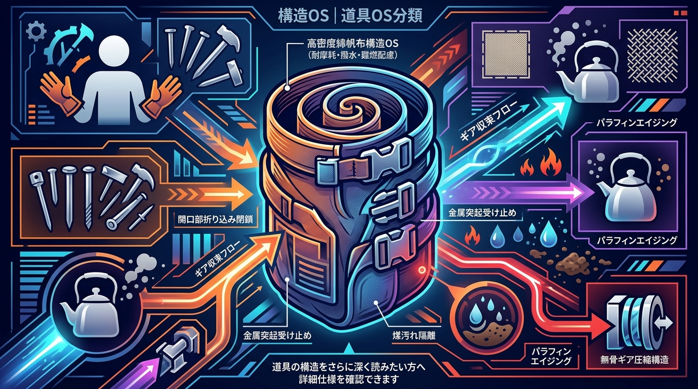 350S｜【防護収束OS｜asobito(アソビト) 2024年新商品 スタッフサック Mサイズ】難燃・耐水コットン帆布×ロールトップによる無骨ギア圧縮構造