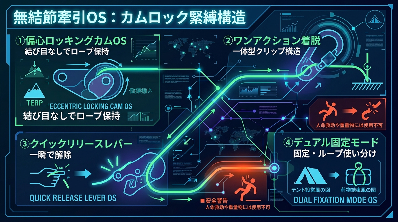 361S｜【無結節牽引OS｜NITEIZE(ナイトアイズ) カムジャム ロープ付 2個入 NCJ2-03-01】偏心カムロック×アルミ軽量ボディによる結び目不要テンショナー構造