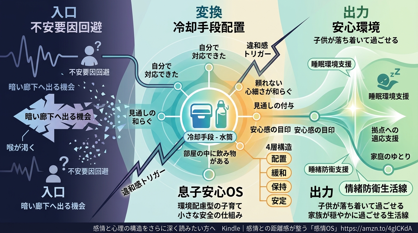 4439｜【息子安心OS】息子の部屋に冷却手段を置くことで夜間移動を不要化し安心の世界線を維持し情緒の揺れを抑える構造