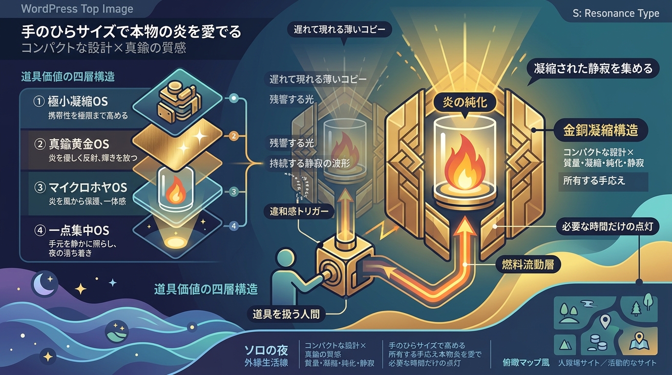 509S｜【金銅凝縮OS】“真鍮削り出し × 超小型ホヤ × オイルの灯火”で外側生活線に“黄金の凝縮”を落とすCAMPGEEKS構造