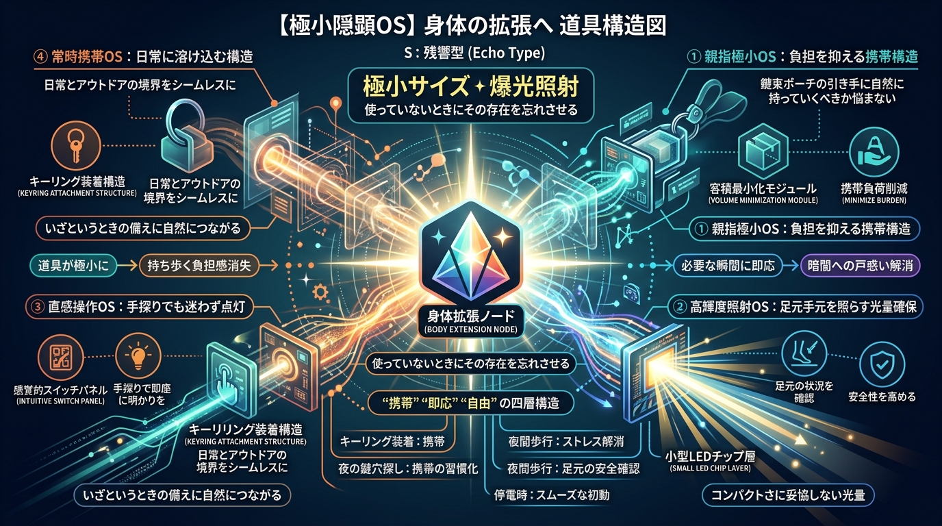 514S｜【極小隠顕OS】“親指サイズ × 超軽量 × 爆光照射”で外側生活線に“不可視の光”を落とすDOKEEP構造
