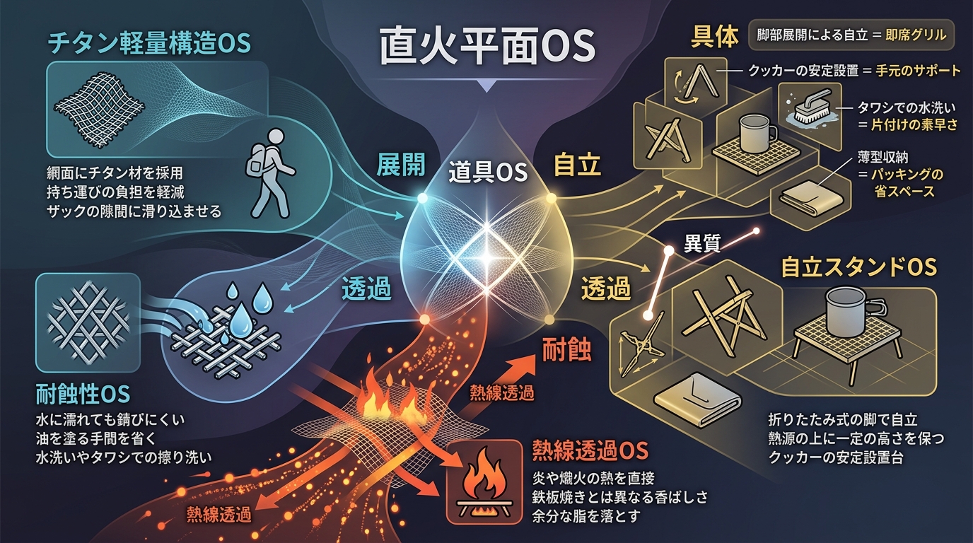 554S｜【直火平面OS｜Boundless Voyage チタン焼き網】折りたたみスタンド付き極軽グリルの直火調理構造