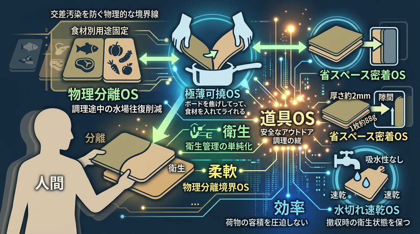 560S｜【複層仕分OS｜UNIFLAME UFカッティングボード 2枚組 661864】2枚セットによる衛生分離と薄型カッティング構造