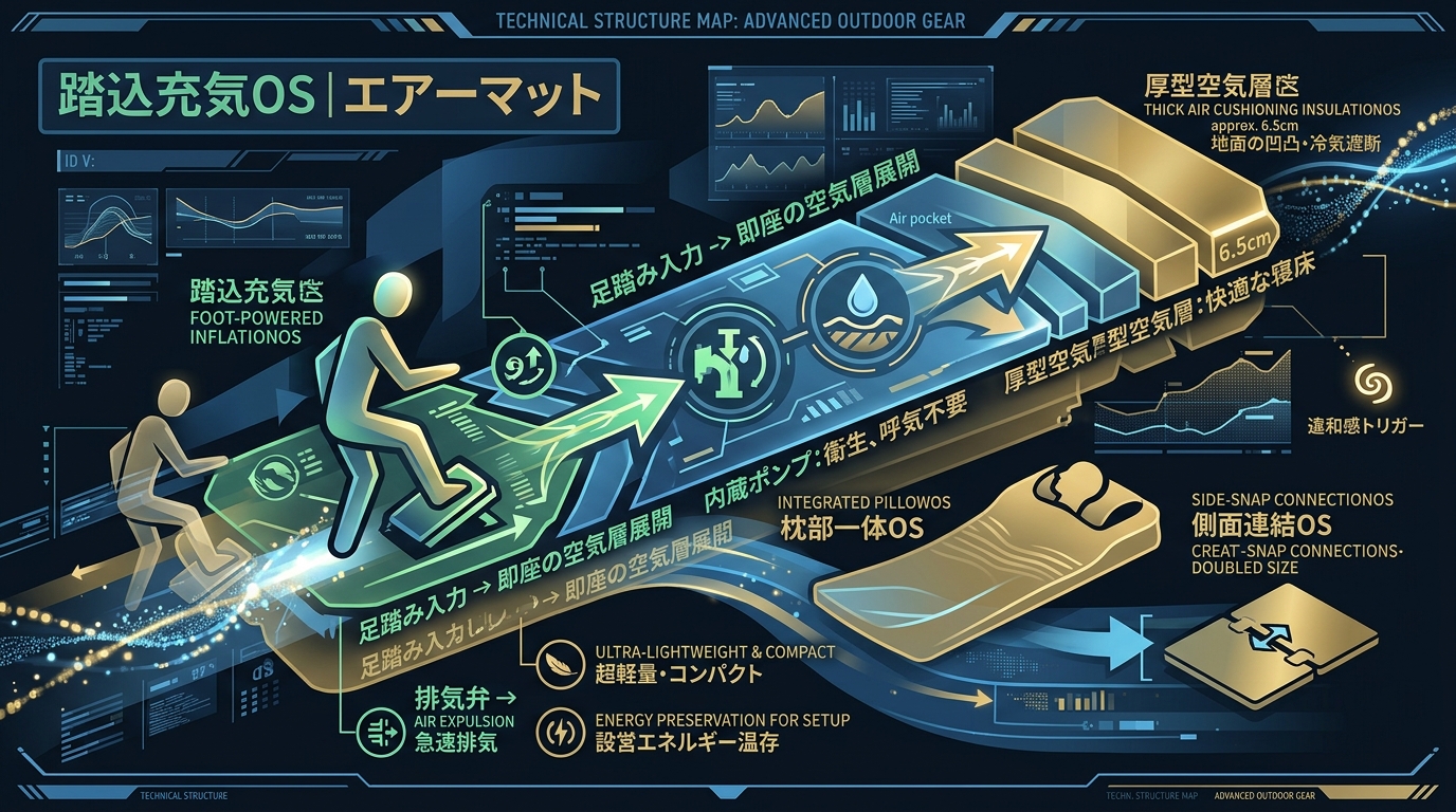 567S｜【踏込充気OS｜OneTigris BLACKCRYSTAL エアーマット】足踏みポンプと厚型クッションの断熱構造