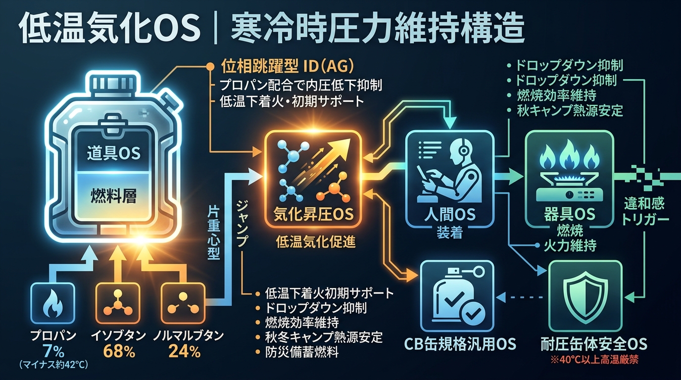 573S｜【低温気化OS｜SOTO パワーガス CB缶 ST-760】プロパン混入による寒冷時圧力維持構造