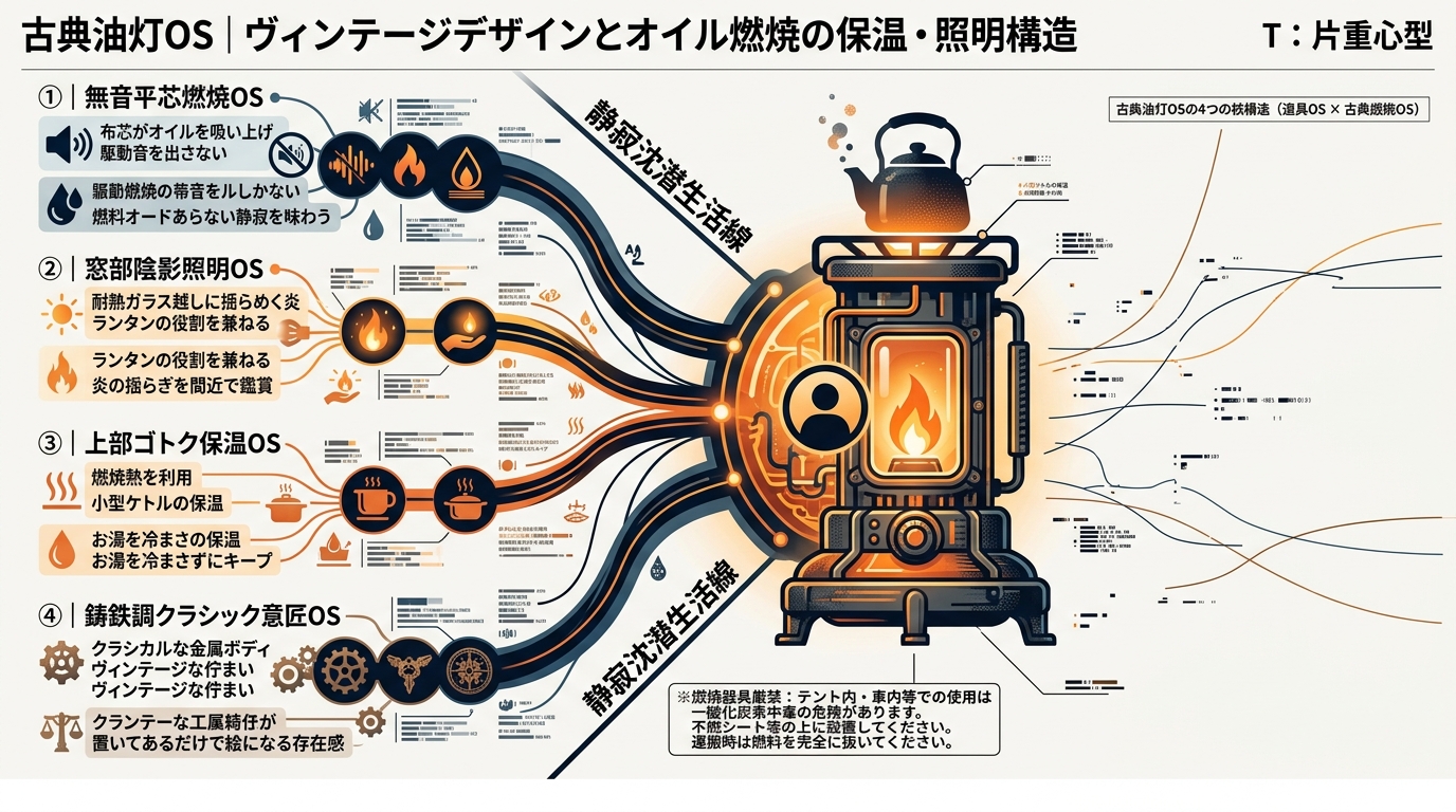 579S｜【古典油灯OS｜VASTLAND アイロンストーブ】ヴィンテージデザインとオイル燃焼の保温・照明構造