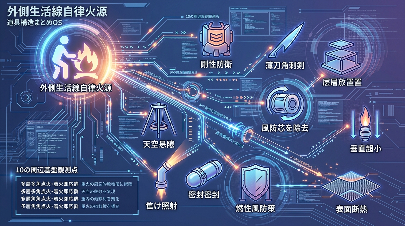 615S〜624S【10本まとめOS｜外側生活線自律火源・焚火環境調律構造】“剛殻耐風・薄刃穿孔・段層整置・天吊懸垂・風防抜芯・直立極小・屈曲照射・密閉封蝋・難燃遮風・地表遮熱”──点火から調理・収納・風防・大地保護までを統合調律する10の焚火周辺観測点
