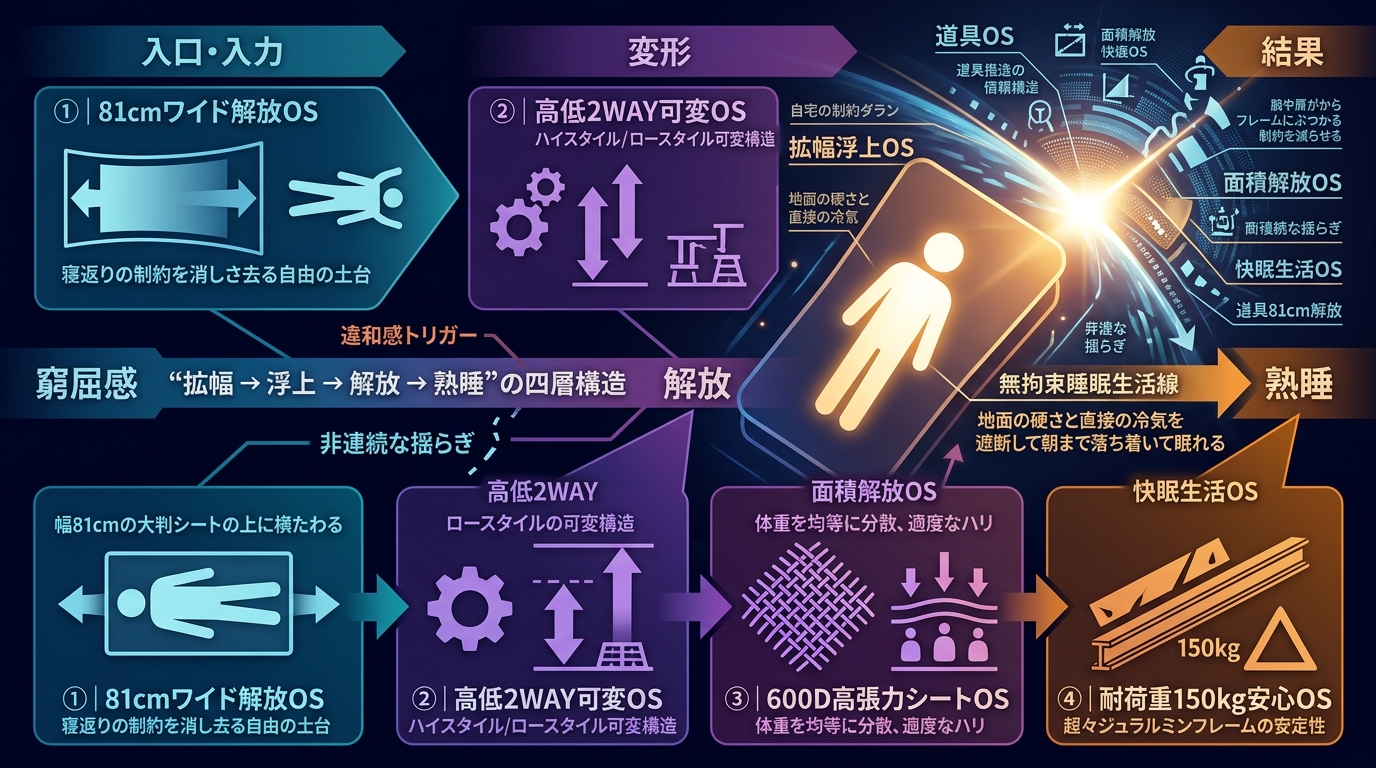 891S｜【広幅浮上OS｜WAQ 2WAY WIDE COT】幅81cm×長さ210cmの大判シートと高低可変フレーム構造