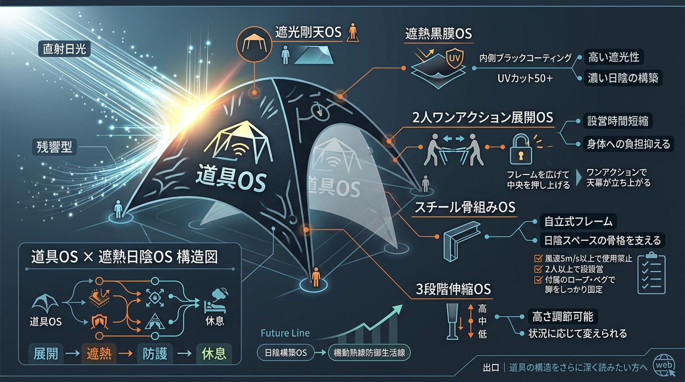 896S｜【遮光剛天OS｜WAQ EASE TARP 3.0】ブラックコーティングとワンアクション3m角構造