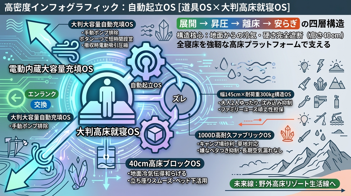 902S｜【自動起立OS｜WAQ エアベッド ダブル】内蔵電動ポンプと高さ40cm大判高床構造