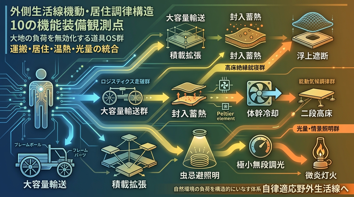 907S〜916S【10本まとめOS｜外側生活線機動・居住調律構造】“浮上遮断・封入蓄熱・積載拡張・大容量輸送・走破運搬・虫忌避照明・体幹冷却・二段高床・極小無段調光・微炎灯火”──大地の負荷を無効化し快適な拠点を立ち上げる10の機能装備観測点