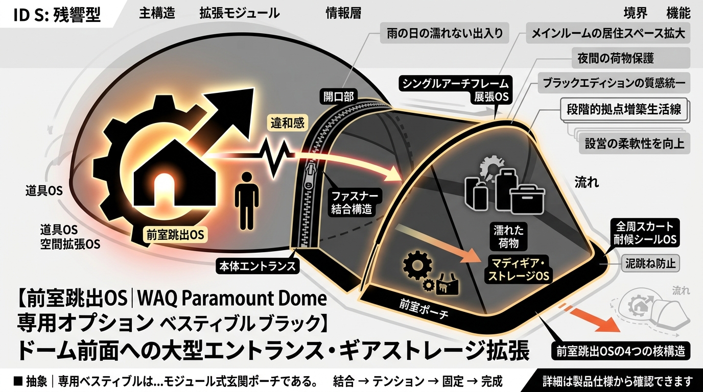 934S｜【前室跳出OS｜WAQ Paramount Dome 専用オプション ベスティブル ブラック】ドーム前面への大型エントランス・ギアストレージ拡張構造