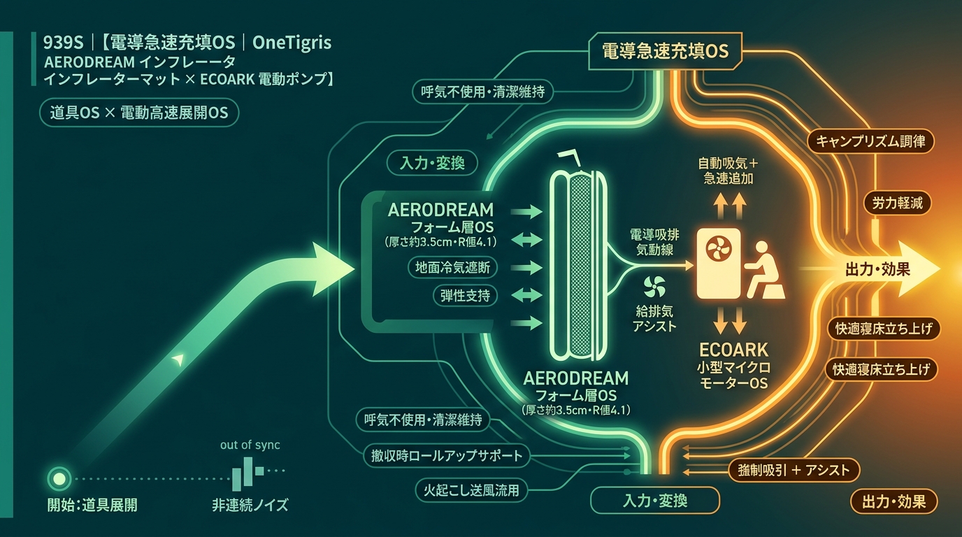 939S｜【電導急速充填OS｜OneTigris AERODREAM インフレーターマット × ECOARK 電動ポンプ】厚さ約3.5cm自動膨張マットと小型ポンプ連動構造