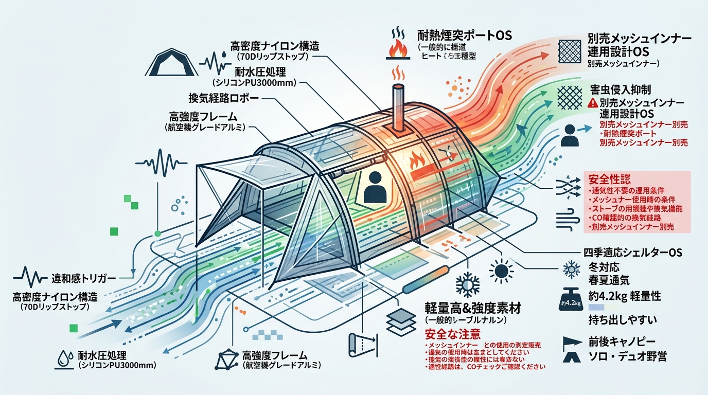 953S｜【二重構造煙道OS｜OneTigris RAVEN NEST テント本体】70Dリップストップ・A7075アルミポールと耐熱煙突ポート・別売メッシュインナー連用構造